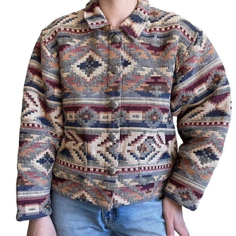 Vintage Womens 90s Tan Trums Geometric Southwestern Boho Aztec Cropped Jacket